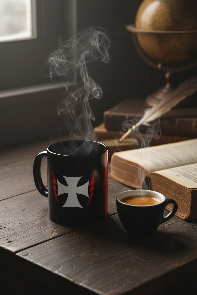 Teutonic Thunder Coffee Mug on a dark rustic wooden desk with moody morning light