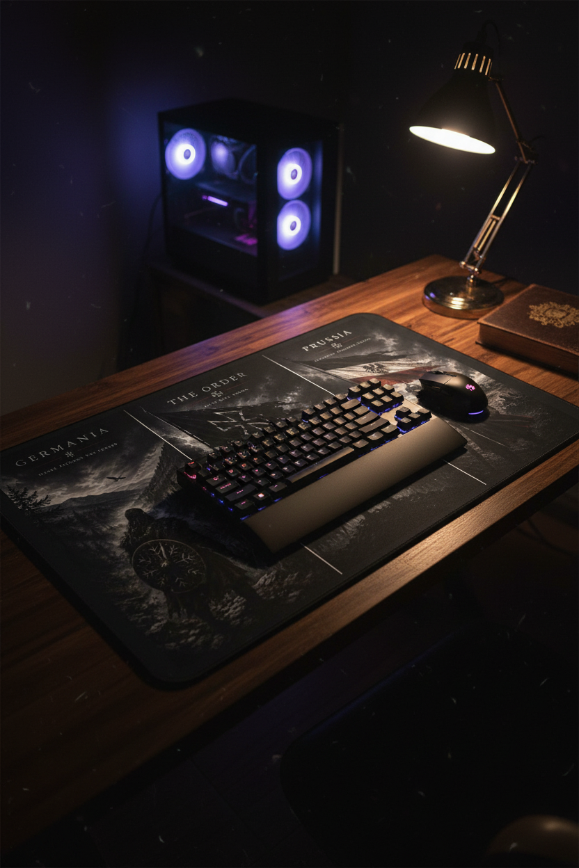 Medieval history gaming desk mat on a dark wood gaming desk with keyboard and moody lighting