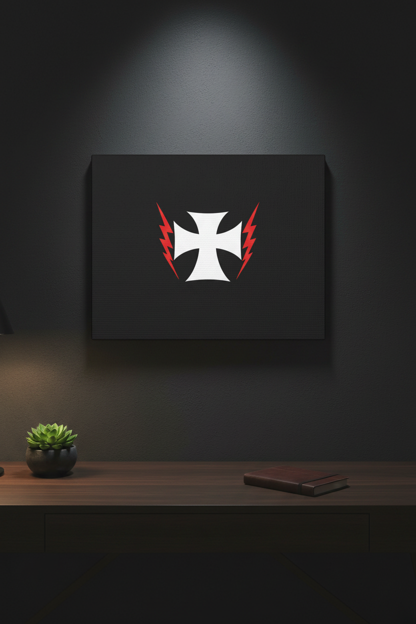 Medieval cross canvas wall art hanging above a dark wood desk in moody interior setting